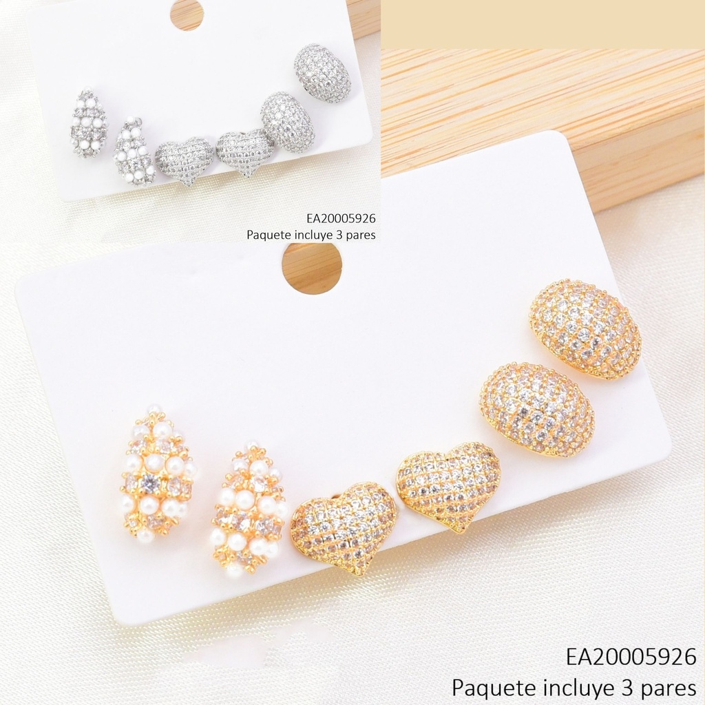 SET 3 PARES ARETES DOR/PLAT ZIRC."C"/CORAZON/OVALO ZIRC. SE1401-6 012026