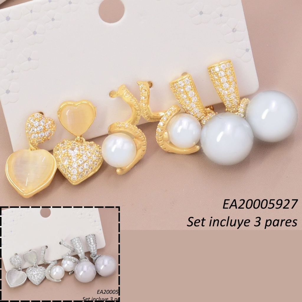 SET 3 PARES ARETES DOR/PLAT CORAZONES ZIRC/PERLA/PELOT GRIS SE1402-6 012026