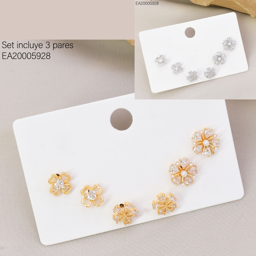 SET 3 PARES ARETES DOR/PLAT FLORES ZIRC/PERLA SE1403-6 012026