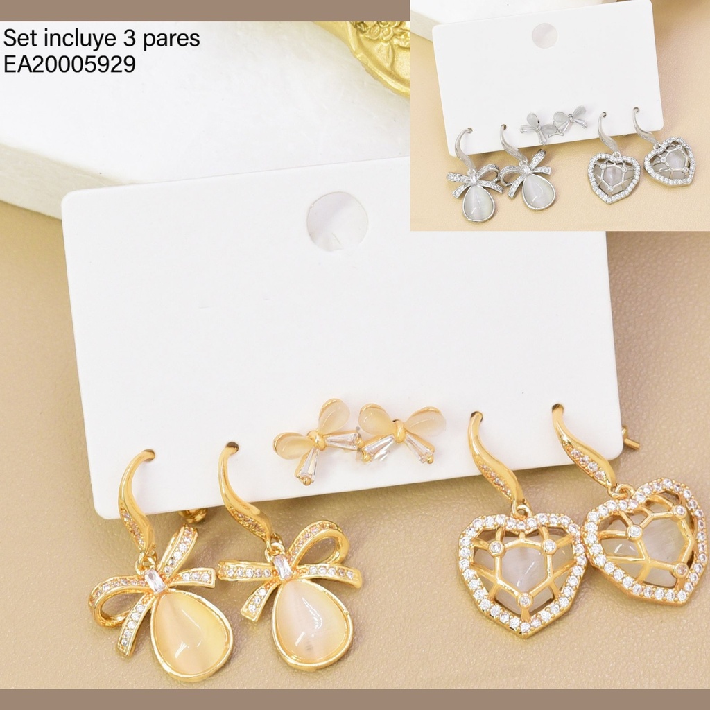 SET 3 PARES ARETES DOR/PLAT LAZO/CORAZON SE1404-6 012026