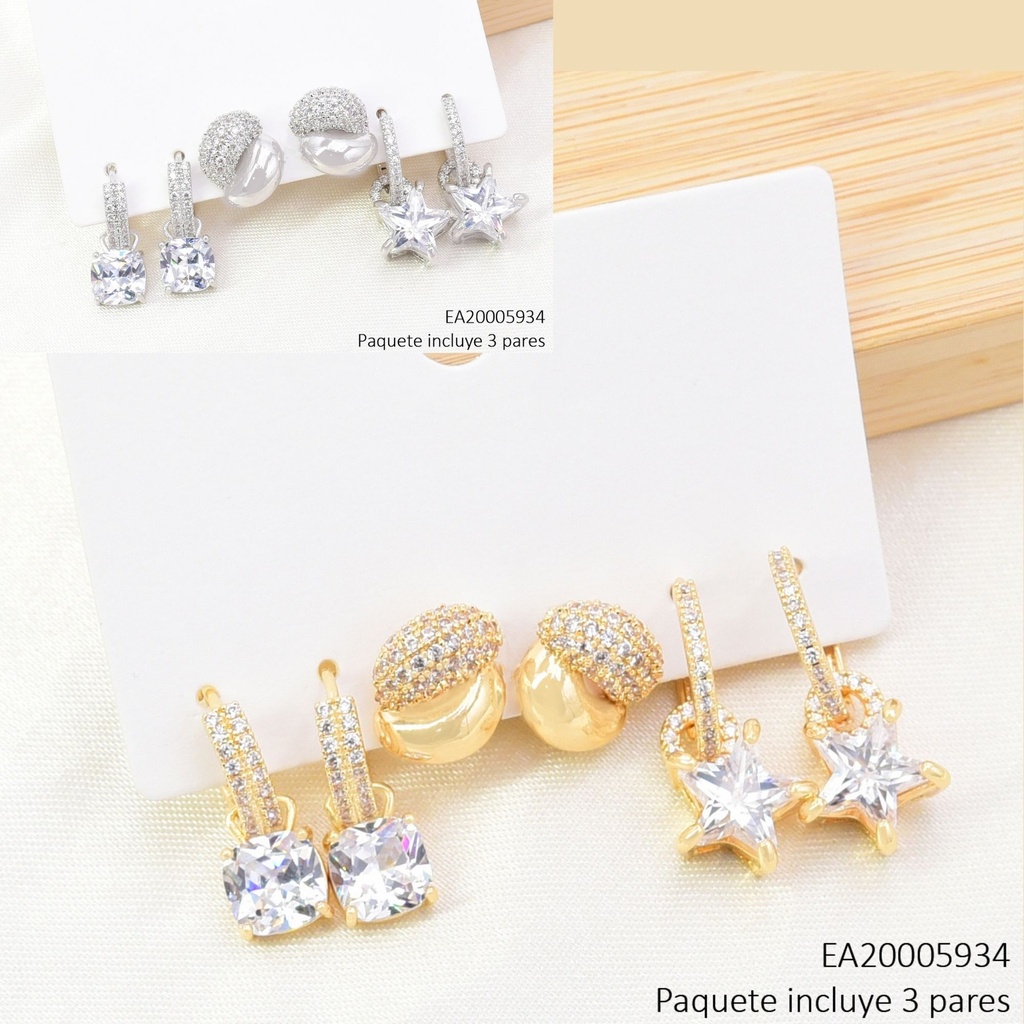 SET 3 PARES ARETES DOR/PLAT ZIRC.CUADRO/OVALO/ESTRELLA SE1409-6 012026