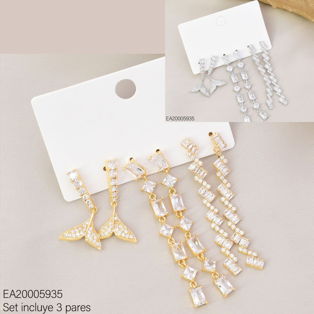 SET 3 PARES ARETES DOR/PLAT ZIRC RECT/ROMBOS/COLA DE SIRENA SE1410-6 012026