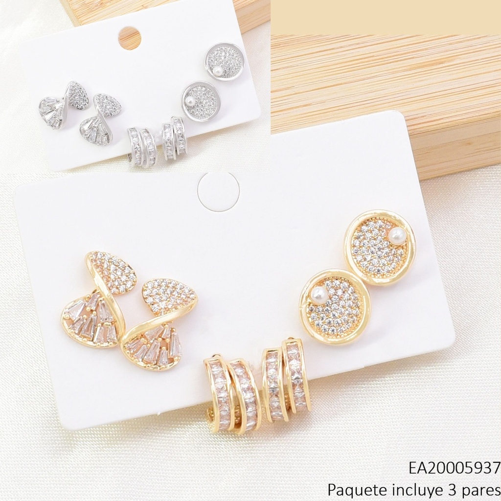 SET 3 PARES ARETES DOR/PLAT ZIRC LAZO/"C"/CIRC. PERLA SE1412-6 012026