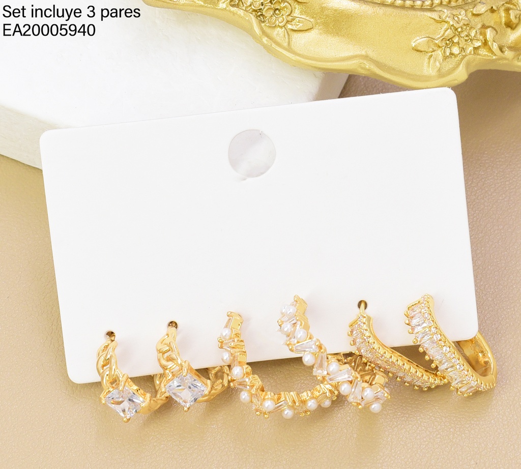SET 3 PARES ARETES DOR/PLAT  "C" ZIRC & PERLA SE1415-6 012026