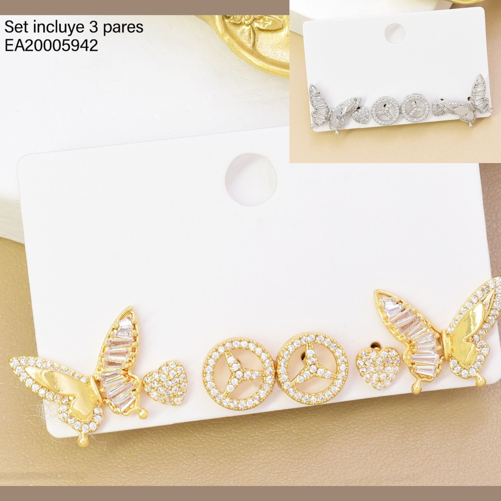SET 3 PARES ARETES DOR/PLA ZIRC/ MARIPOSA SE1417-6 012026