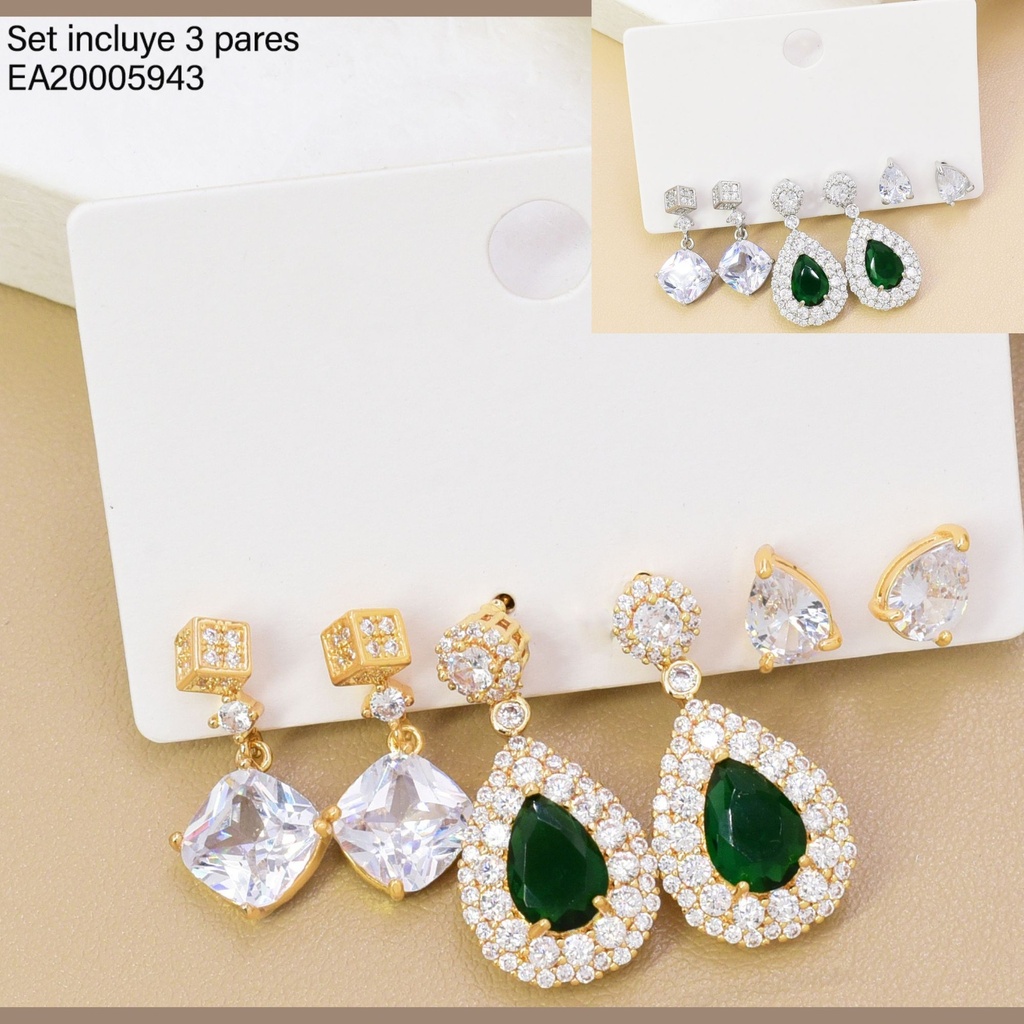 SET 3 PARES ARETES DOR/PLAT ZIRC GOTA/CUADRADA SE1418-6 012026