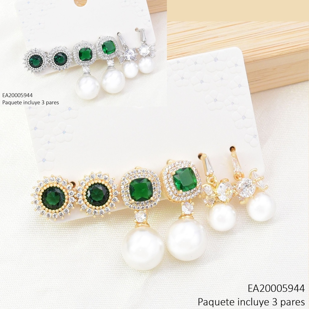 SET 3 PARES ARETES DOR/PLA ZIRC VERDE/PERLA/ZIRC.CRISTAL OV. SE1419-6 012026