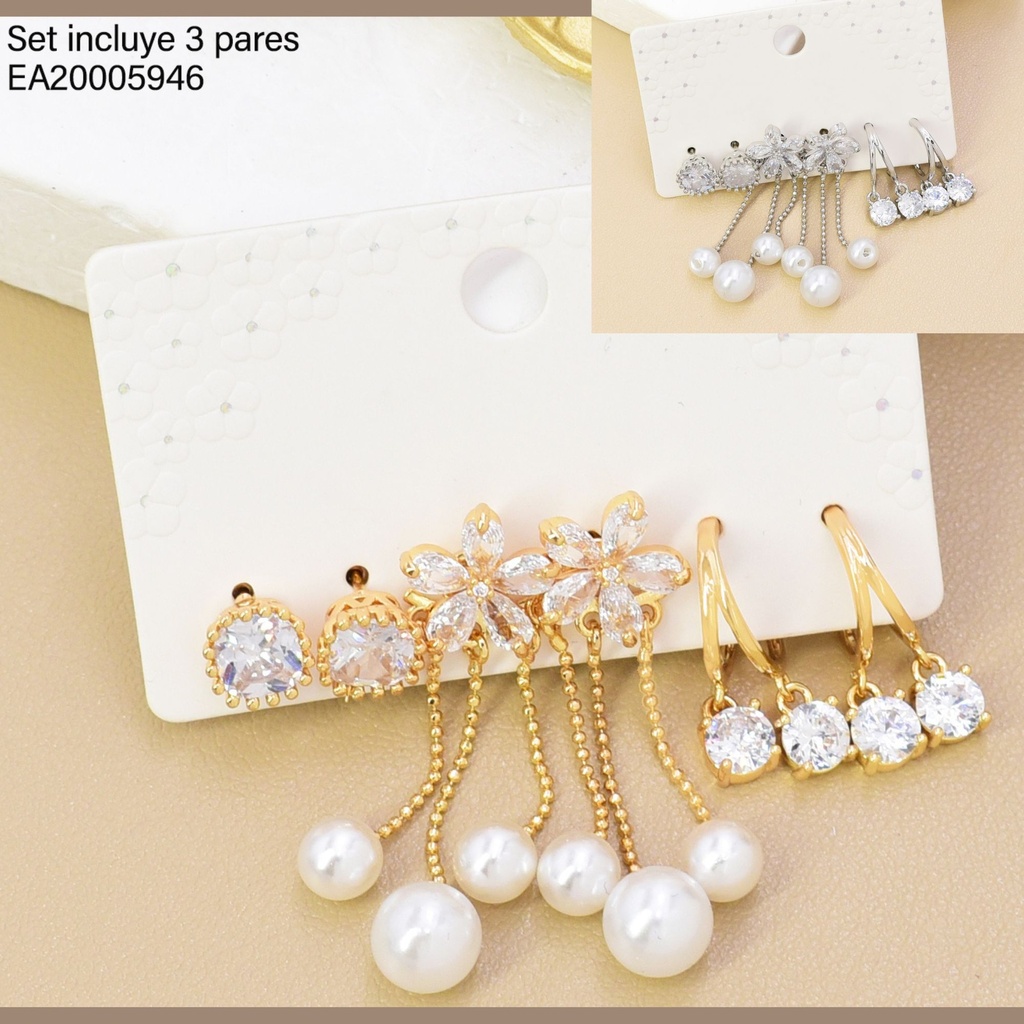 SET 3 PARES ARETES DOR/PLAT ZIRC/FLOR/PERLA SE1421-6 012026