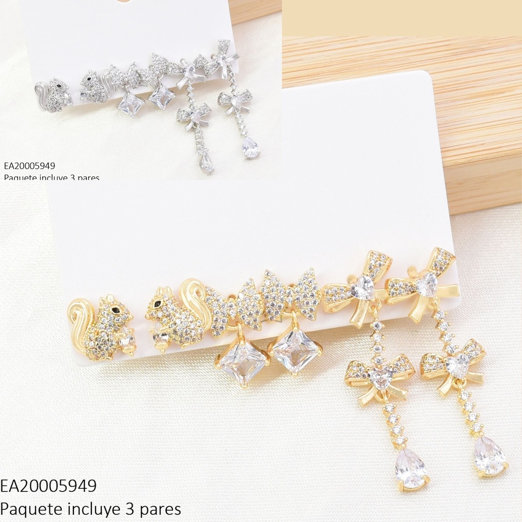 SET 3 PARES ARETES DOR/PLAT LAZOS/ ARDILLA ZIRC. SE1424-6 012026