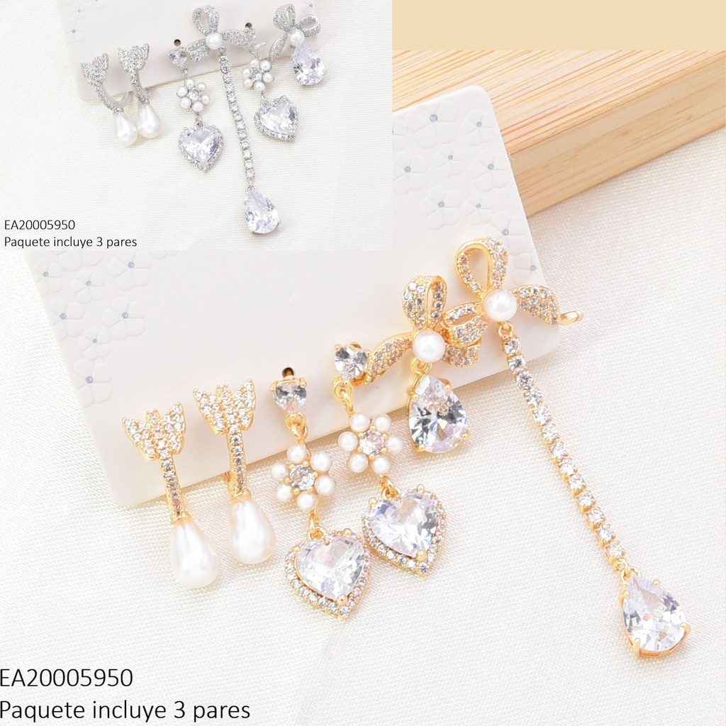 SET 3 PARES ARETES DOR/PLAT ZIRC LAZO/FLOR PERLAS/LAZO GOTA SE1425-6 012026