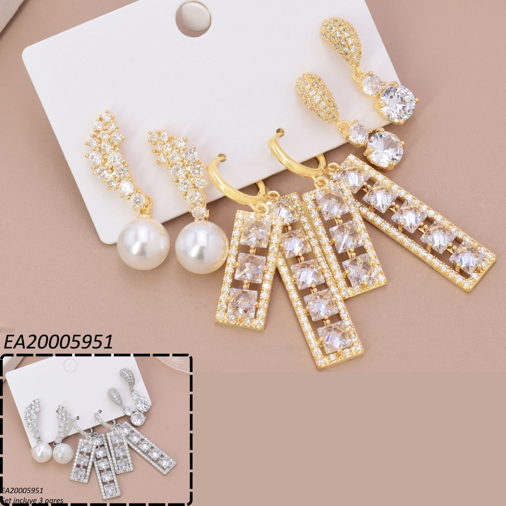 SET 3 PARES ARETES DOR/PLAT LINEA ZIRC & PERLA/RECT/ZIRC RD SE1426-6 012026