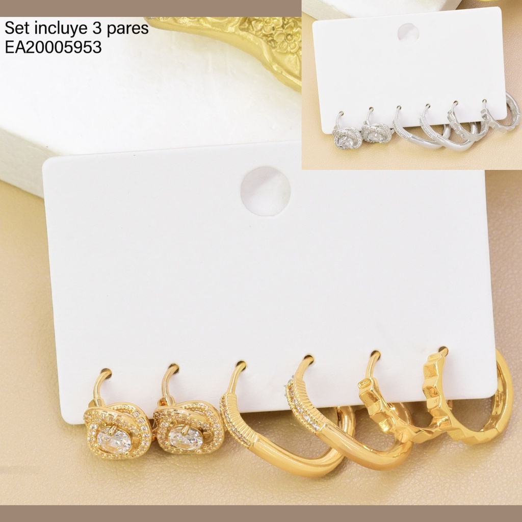 SET 3 PARES ARETES DOR/PLAT HUGGIES FLOR/LISA/SEGMENTADA SE1428-6 012026