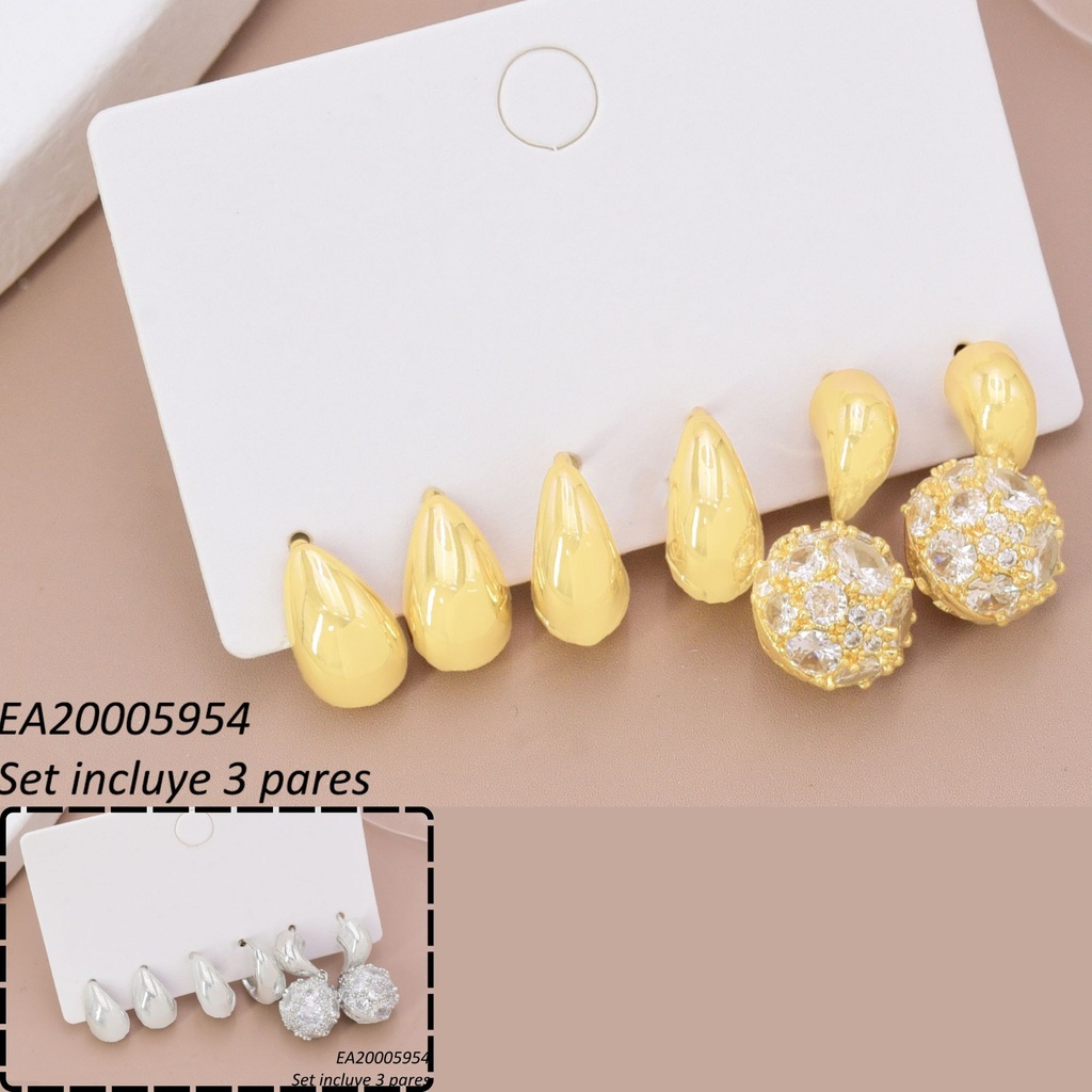 SET 3 PARES ARETES DOR/PLAT GOTA/HUGGIE/PELOTA ZIRC SE1429-6 012026
