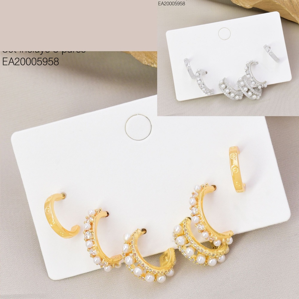 SET 3 PARES ARETES DOR/PLAT "C" PERLAS SE1433-6 012026
