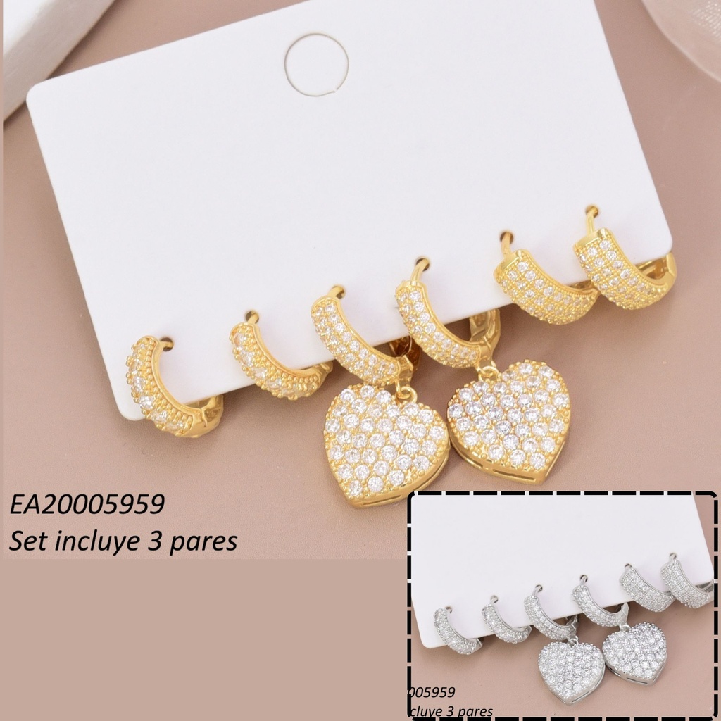 SET 3 PARES ARETES HUGGIES DOR/PLAT ZIRC/CORAZON SE1434-6 012026