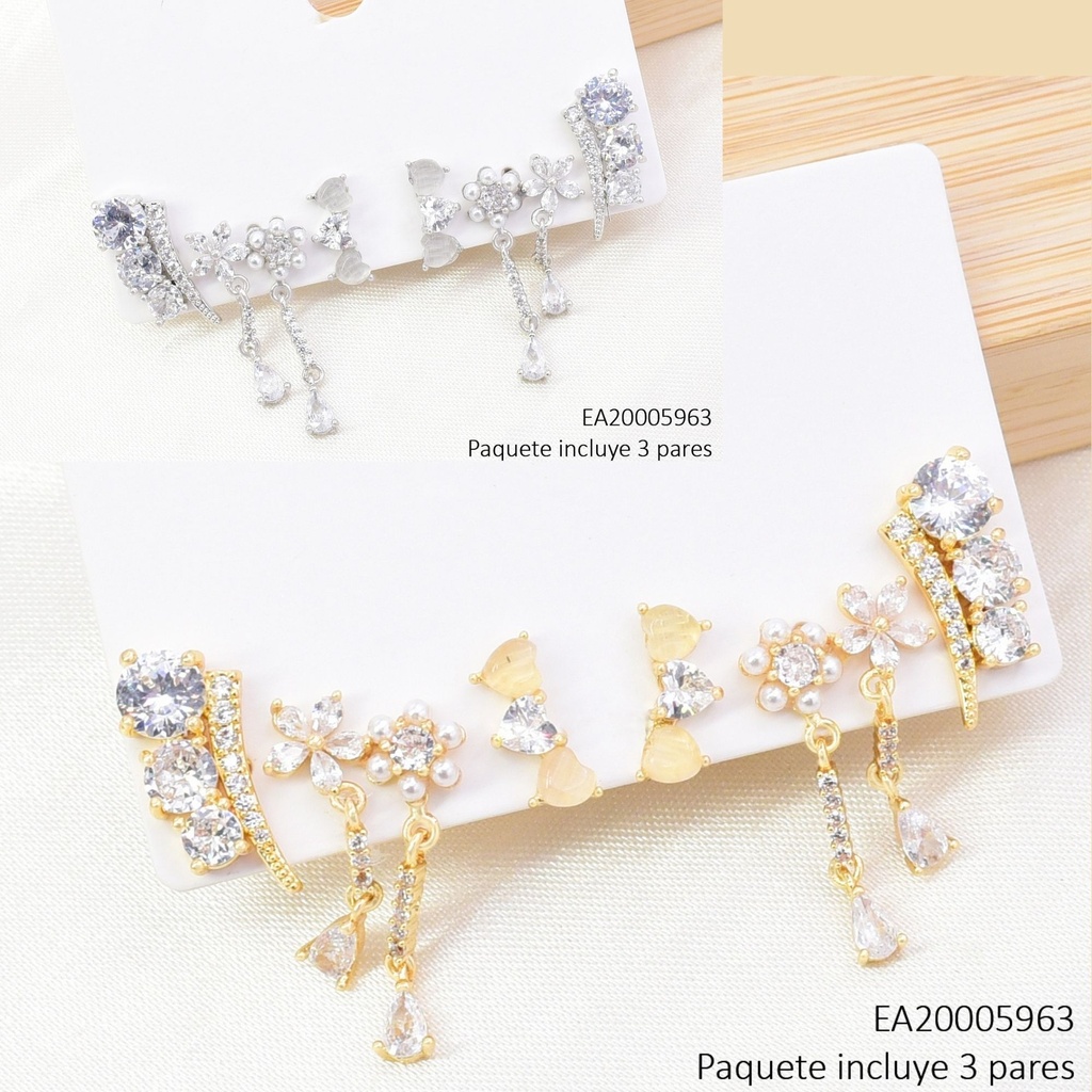 SET 3 PARES ARETES DOR/PLAT LINEA ZIRC/FLOR PERLITAS/FLOR ZIRC. SE1438-6 012026