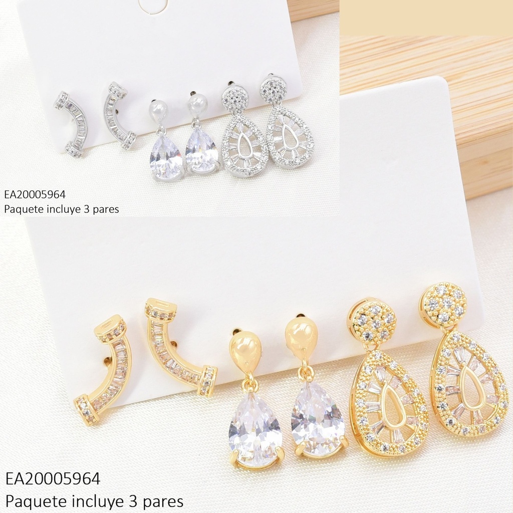 SET 3 PARES ARETES DOR/PLAT "C" ZIRC/GOTA SE1439-6 012026