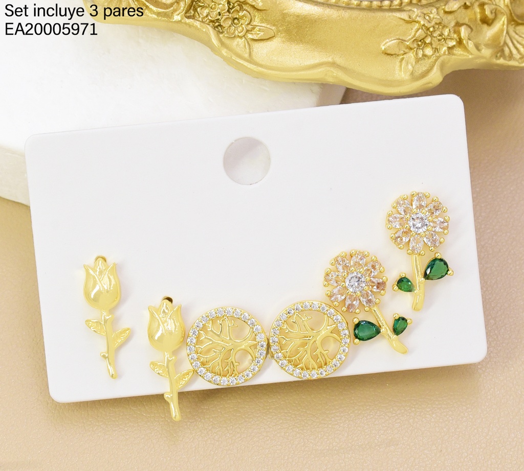 SET 3 PARES ARETES ROSA/ARBOL/FLOR ZIRC  SE1553-294 012026