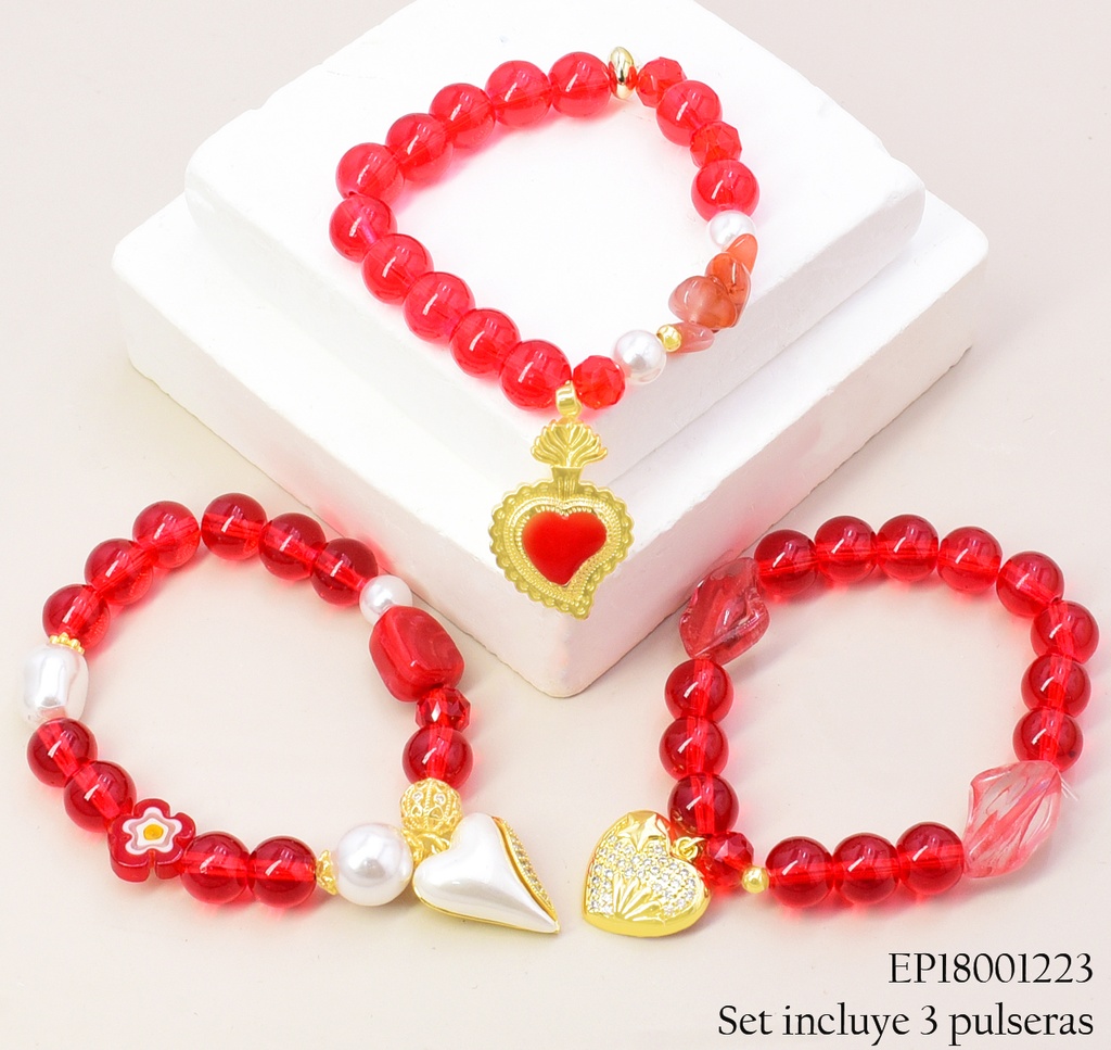SET 3 PULSERAS PELOTA ROJA CORAZON BE1102-5 012026