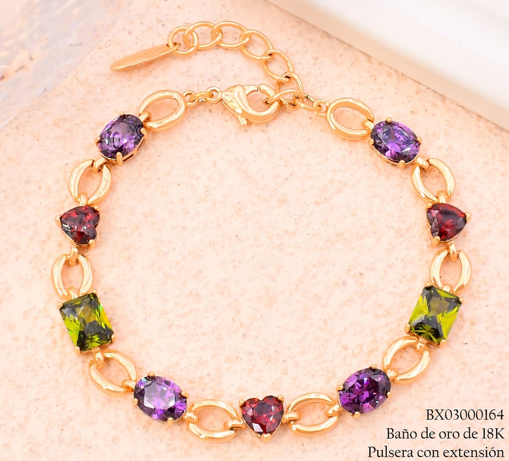 PULSERA BAÑO DE ORO OV/ ZIRC RECT/CORAZONES (XM) XUPING