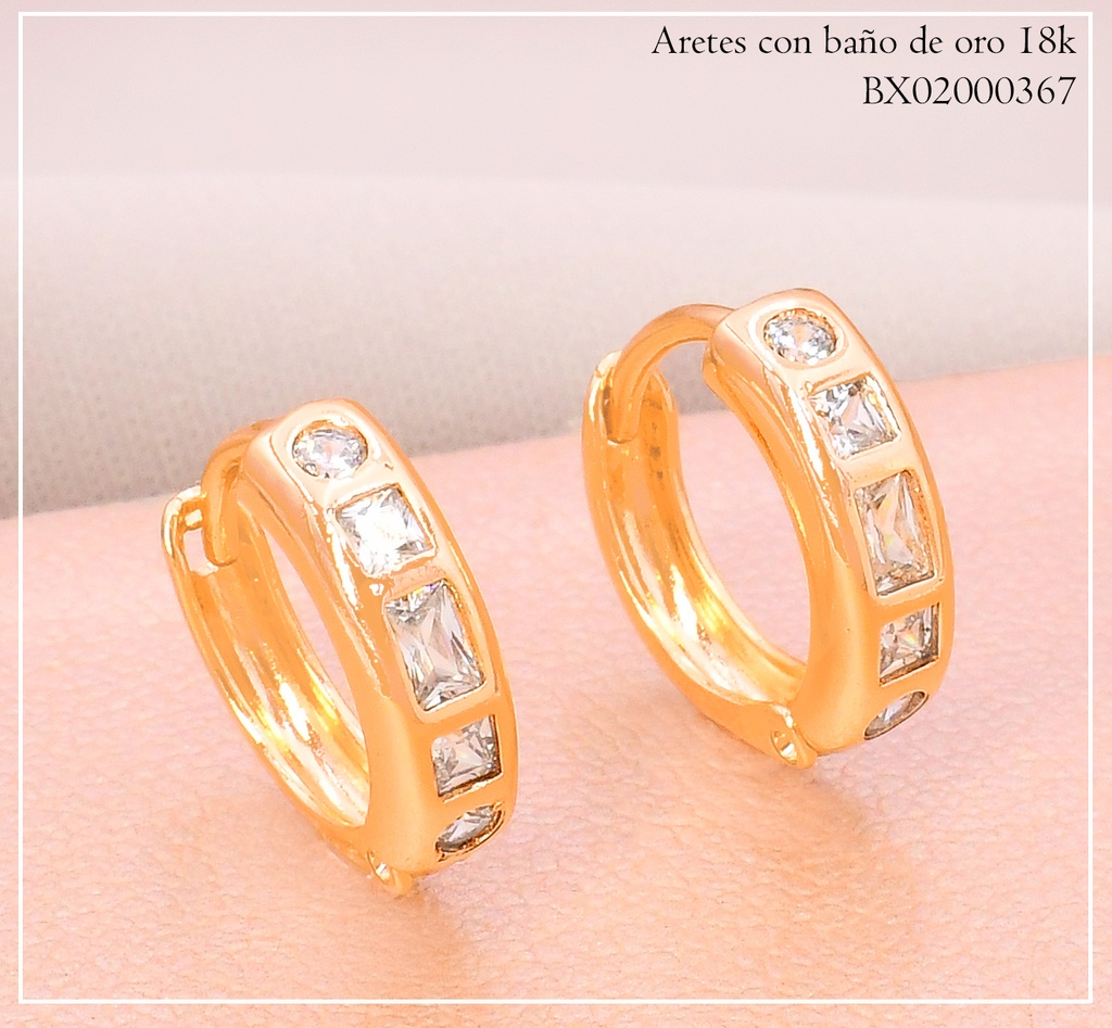 ARETES HUGGIES BAÑO DE ORO 18K. XUPING 5 ZIRC.VERTICAL TECF-0243