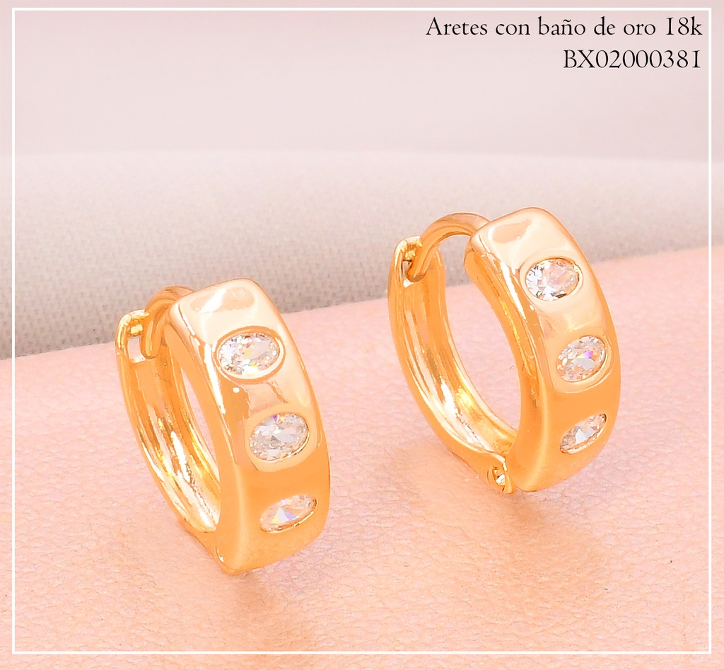 ARETES HUGGIES BAÑO DE ORO 18K. XUPING 3 ZIRC. OV. VERT.TEDX-0354