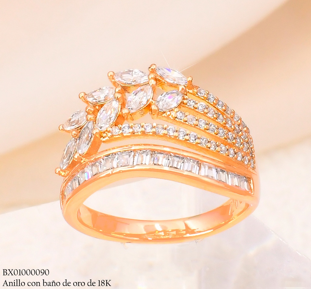 ANILLO BAÑO DE ORO 18K XUPING ZIRC. RECT/HOJITAS CRISTALES #130