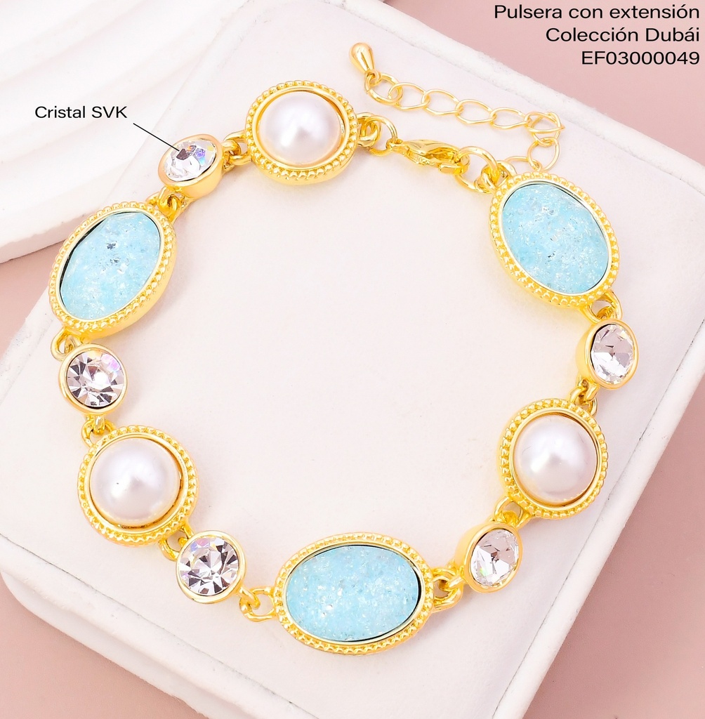 PULSERA DOR PERLAS/ZIRC. RD CRISTAL/PIEDRA CELESTE OV.  FD25874