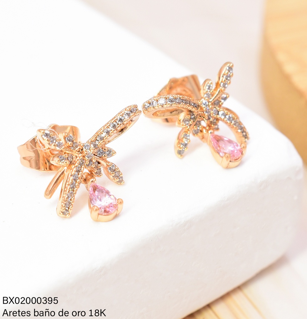 ARETES BAÑO DE ORO 18K. XUPING LAZO C/HOJITAS GOTA ZIRC.ROSADA JELX-12337