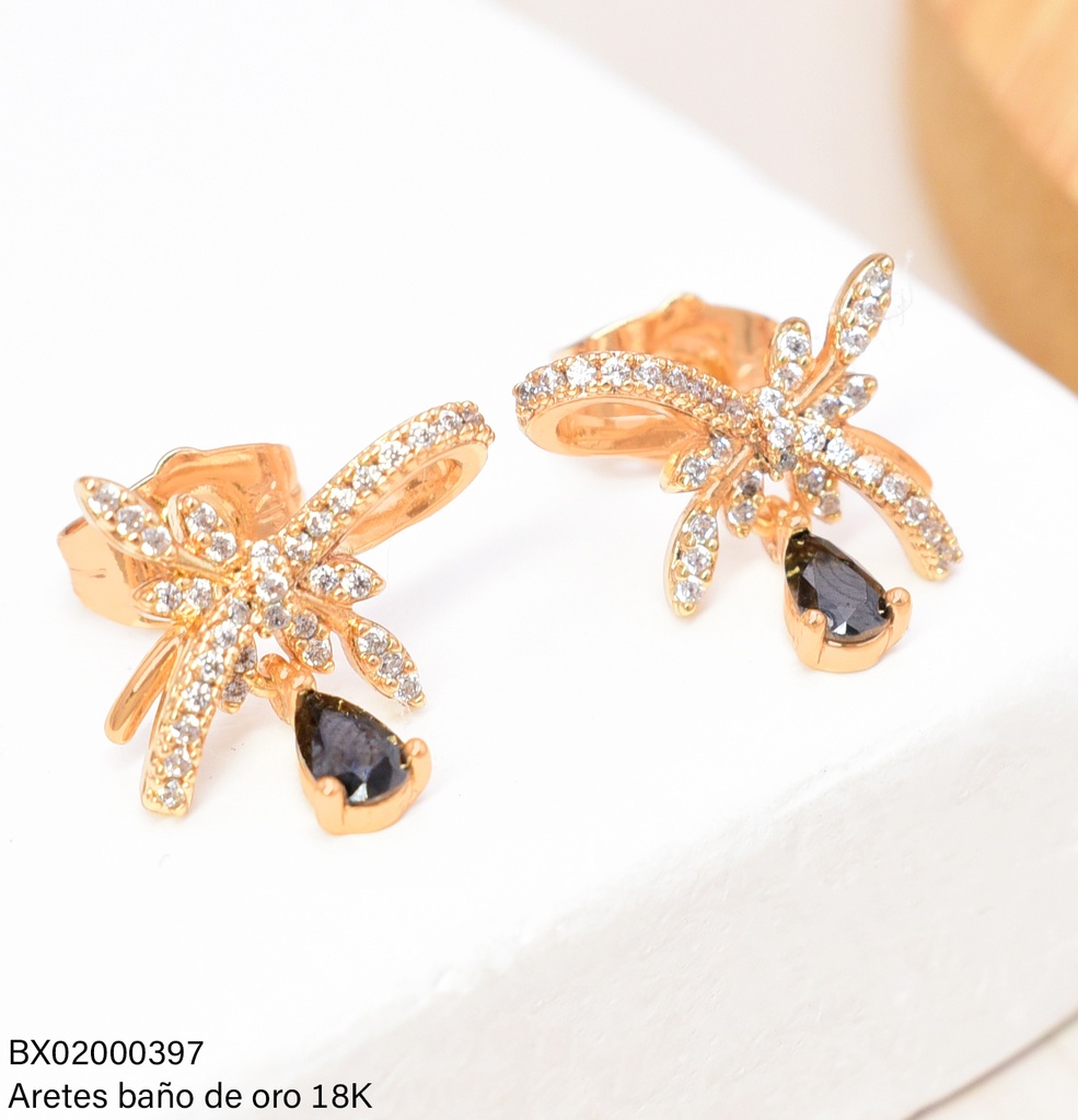 ARETES BAÑO DE ORO 18K. XUPING LAZO C/HOJITAS GOTA ZIRC.NEGRA JELX-12337