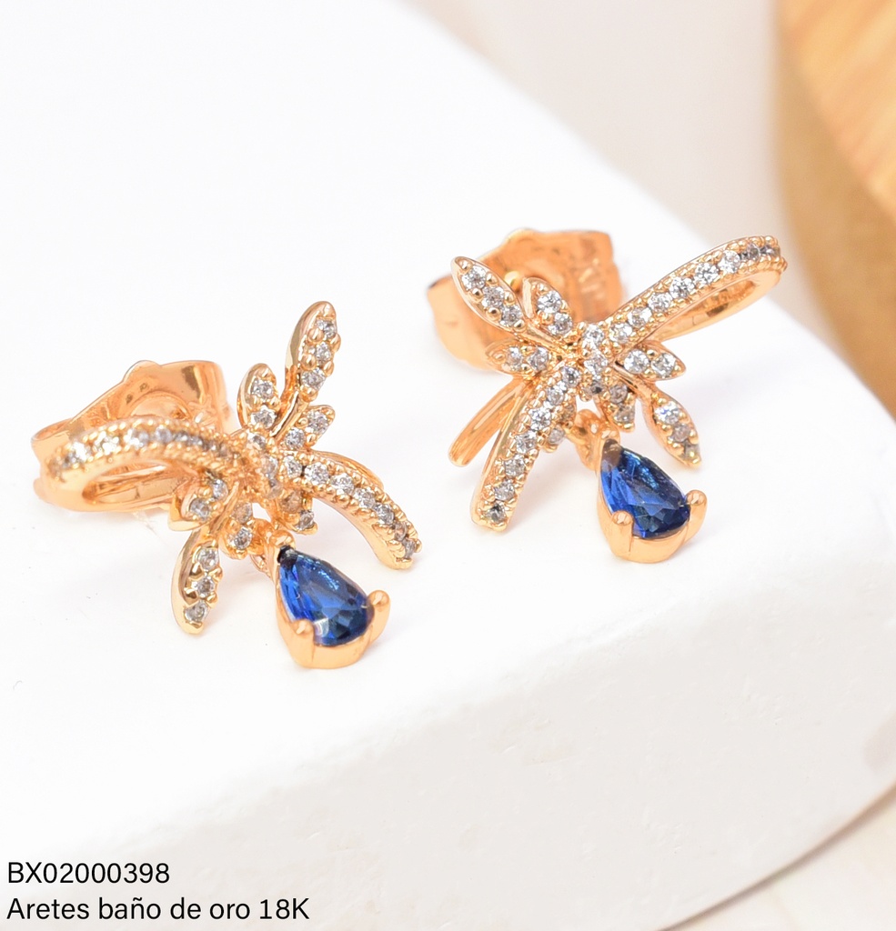 ARETES BAÑO DE ORO 18K. XUPING LAZO C/HOJITAS GOTA ZIRC.AZUL JELX-12337