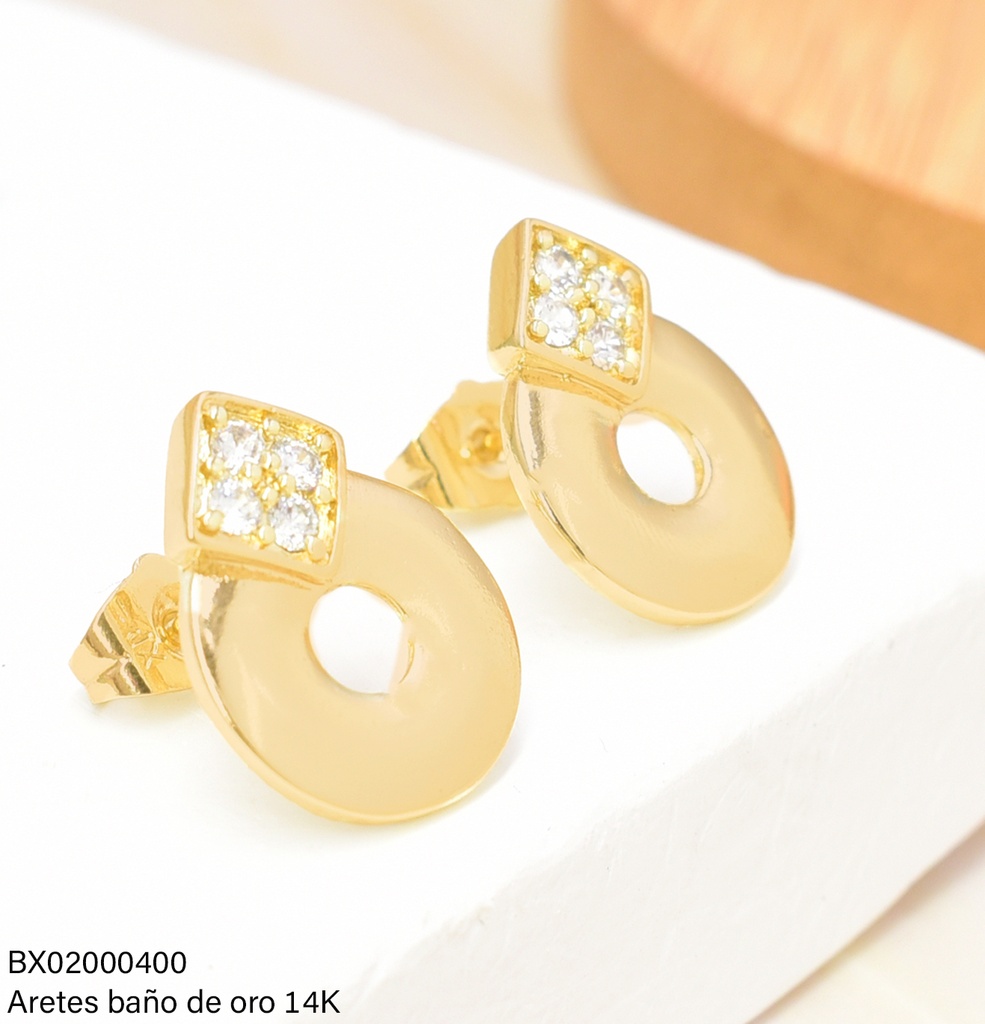 ARETES BAÑO DE ORO 14K. XUPING CIRCULO ANCHO C/ROMBO ZIRC.UEYX-0503