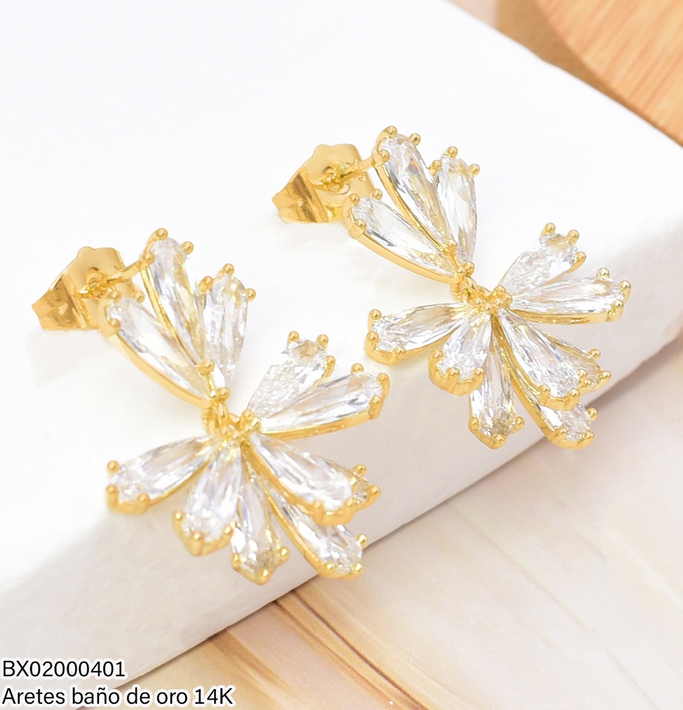 ARETES BAÑO DE ORO 14K. XUPING FLOR PETALOS ZIRC.FLEXIBLE JELX-14595