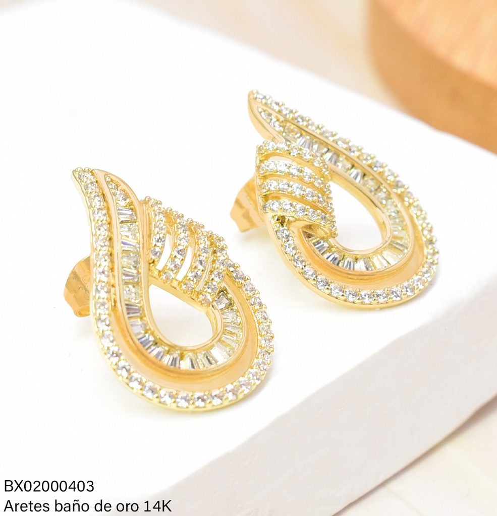 ARETES BAÑO DE ORO 14K. XUPING CROQUI DOBLE GOTA ZIRC.JETF-15070