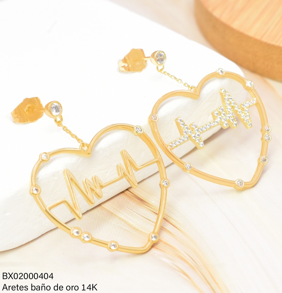ARETES BAÑO DE ORO 14K. XUPING CROQUI CORAZON C/LATIDOS ZIRC.