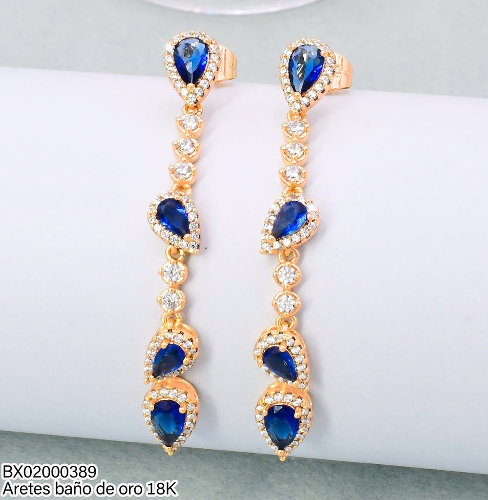 ARETES LARGOS BAÑO DE ORO 18K. XUPING 4 GOTAS ZIRC.AZUL VERT.JELX-14551