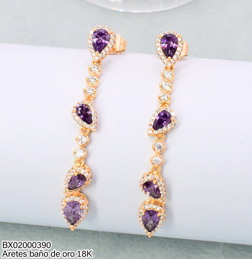 ARETES LARGOS BAÑO DE ORO 18K. XUPING 4 GOTAS ZIRC.LILA VERT.JELX-14551