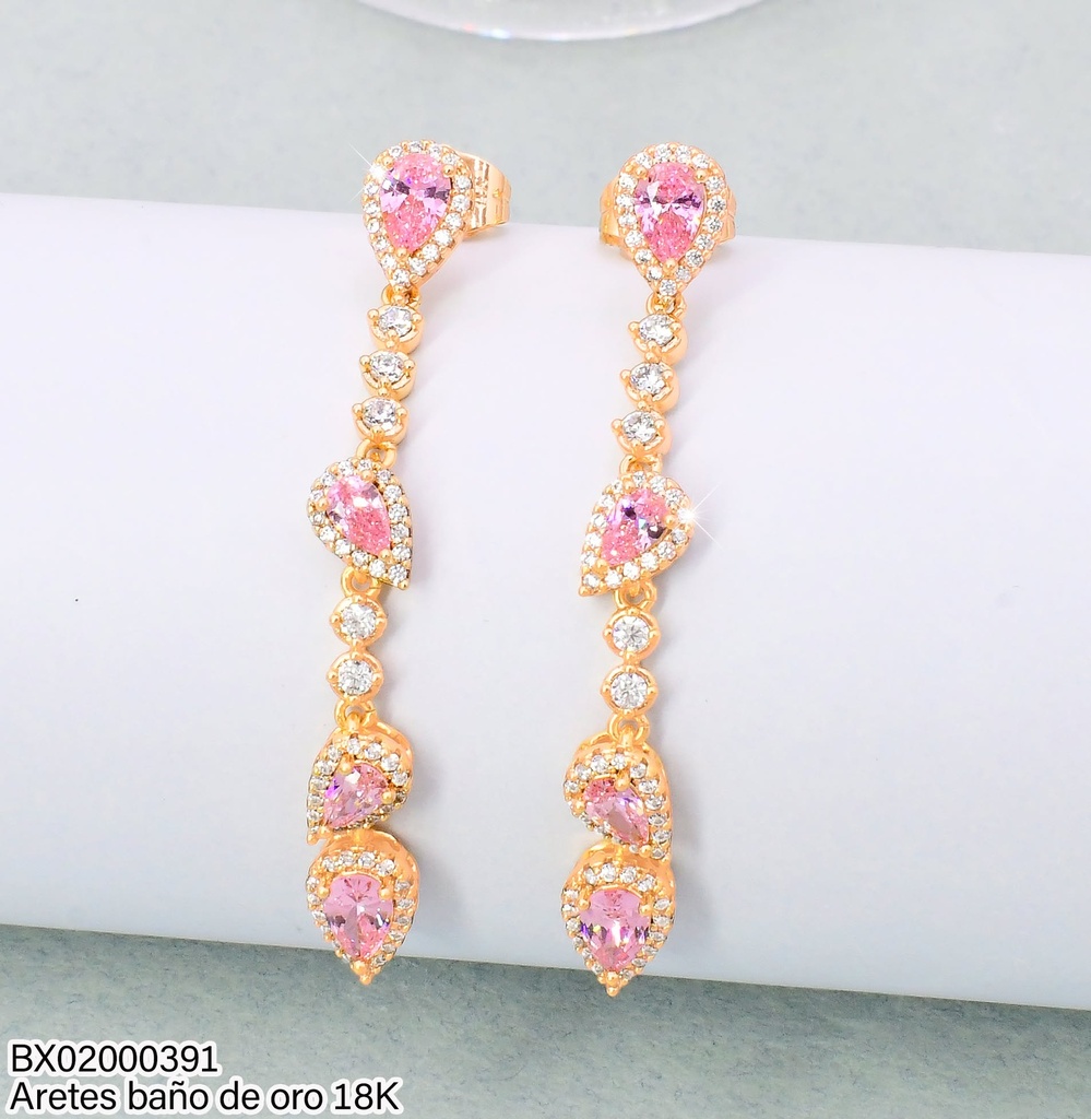 ARETES LARGOS BAÑO DE ORO 18K. XUPING 4 GOTAS ZIRC.ROSADAS VERT.JELX-14551