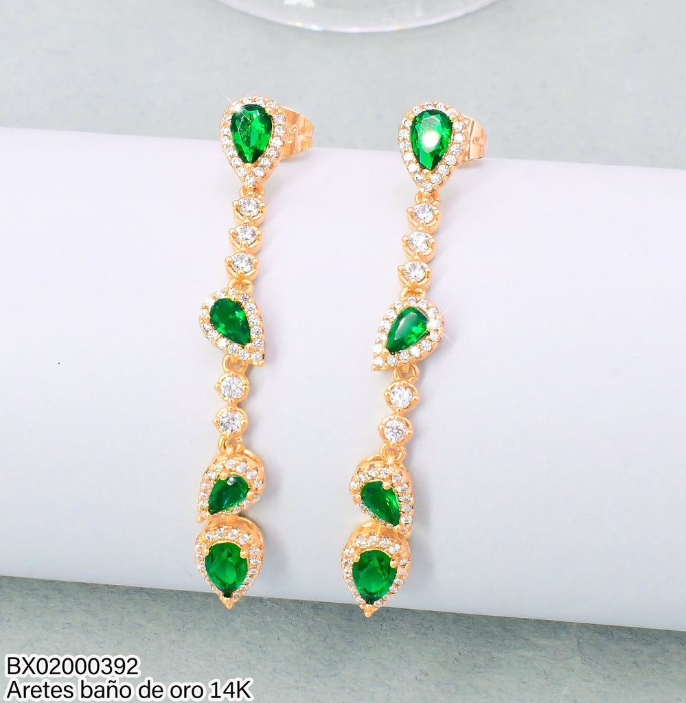ARETES LARGOS BAÑO DE ORO 14K. XUPING 4 GOTAS ZIRC.VERDES VERT.JELX-14551