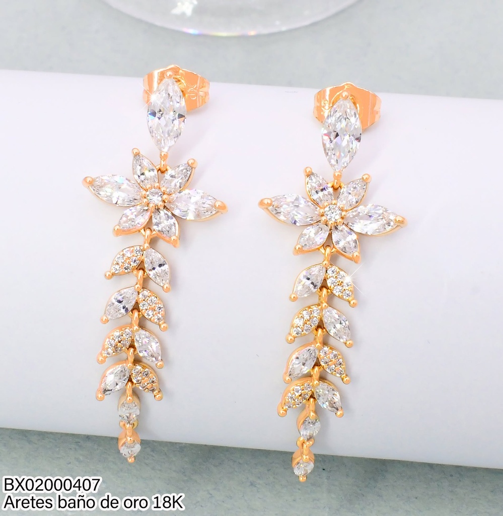 ARETES LARGOS BAÑO DE ORO 18K. XUPING ZIRC.OV/FLOR/HOJITAS JEMY-15064