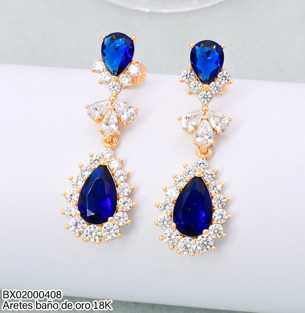ARETES LARGOS BAÑO DE ORO 18K. XUPING 2 GOTAS AZUL ZIRC.BORDE JELX-12371