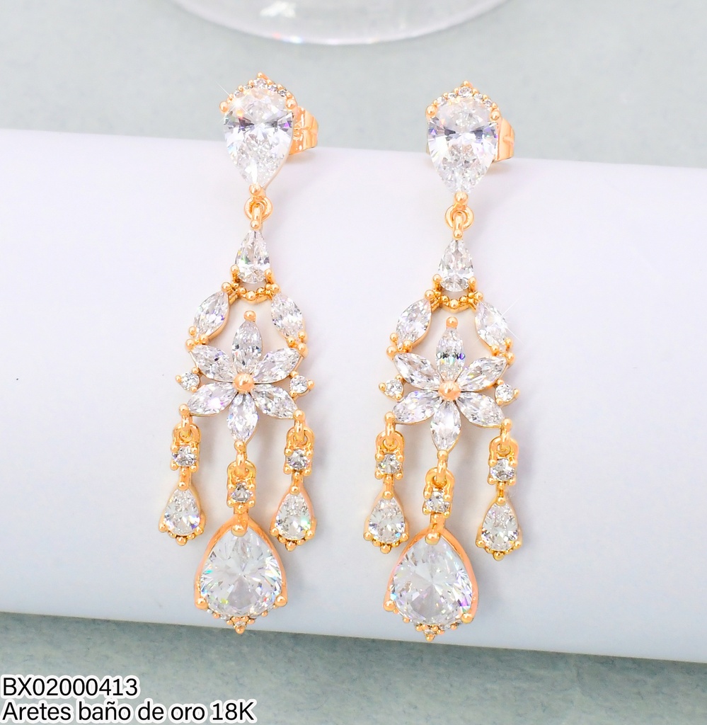 ARETES LARGOS BAÑO DE ORO 18K. XUPING 2 GOTAS ZIRC.C/FLOR JELX-10097