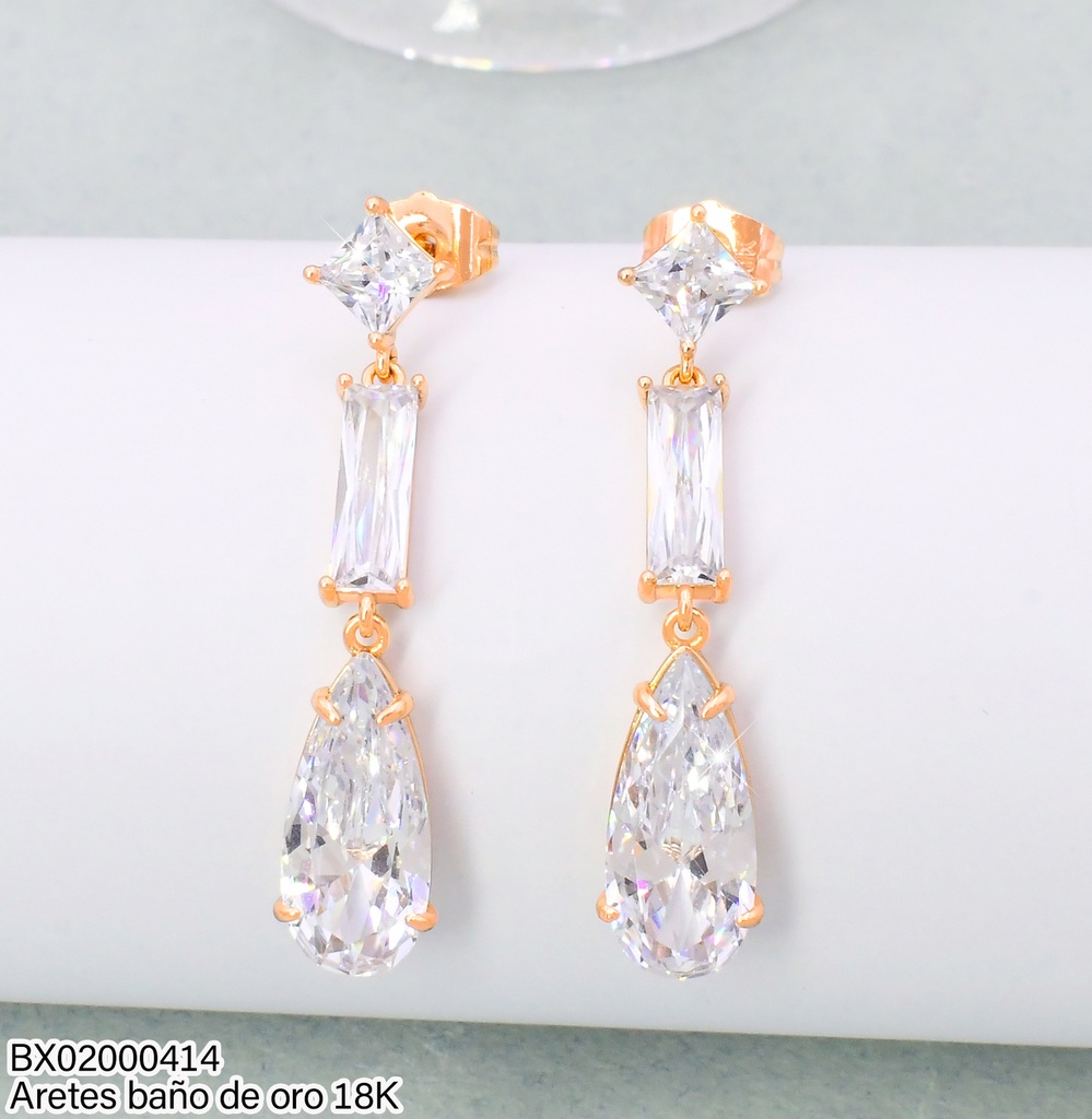 ARETES LARGOS BAÑO DE ORO 18K. XUPING ZIRC.ROMBO/BARRA/GOTA JELX-8282