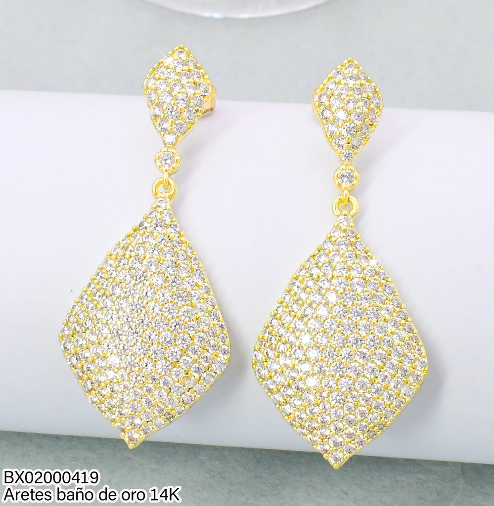 ARETES LARGOS BAÑO DE ORO 14K. XUPING 2 ROMBOS ZIRC.ZEYX-1389