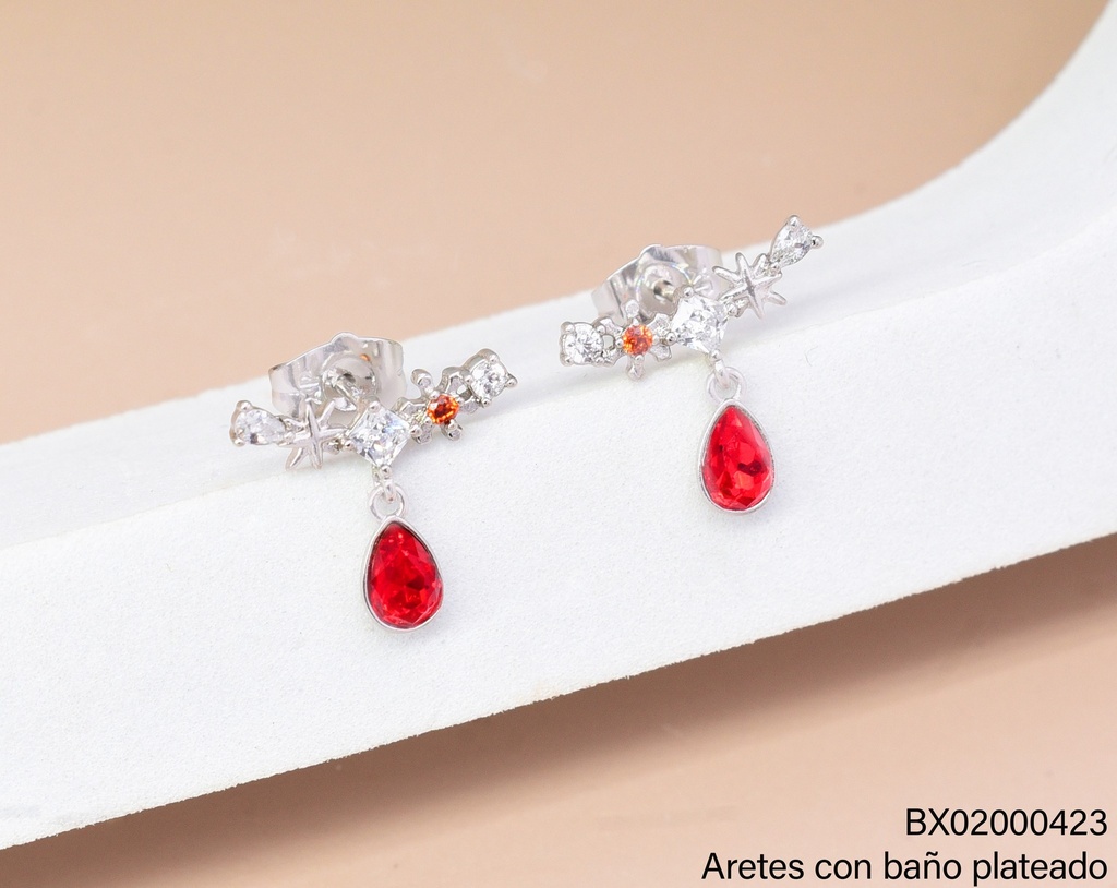 ARETES BAÑO PLATEADO BARRITA HORIZ C/GOTA ROJA ZELX-0198 XUPING