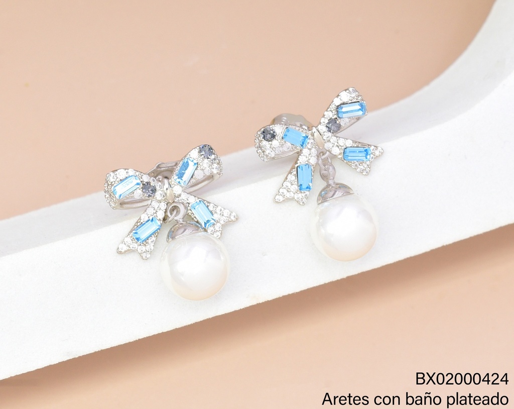 ARETES BAÑO PLATEADO LAZO ZIRC.CELESTES C/PERLA 1212310 XUPING