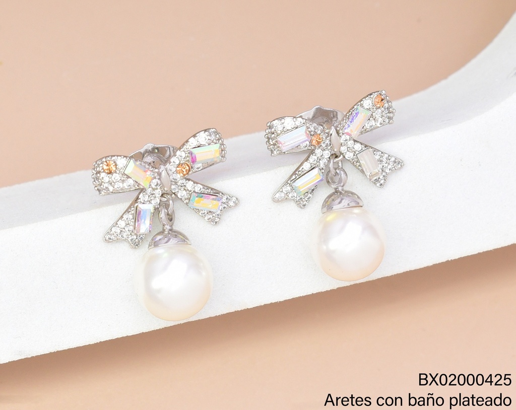 ARETES BAÑO PLATEADO LAZO ZIRC.C/PERLA TEZZ-0625 XUPING