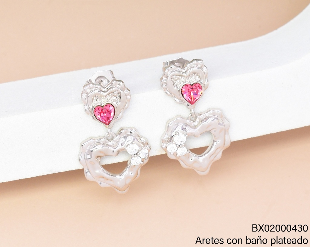 ARETES BAÑO PLATEADO CORAZON C/ZIRC.ROSADA-CROQUI JEYX-8573 XUPING