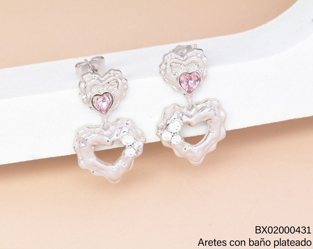 ARETES BAÑO PLATEADO CORAZON C/ZIRC. LILA-CROQUI JEYX-8573 XUPING