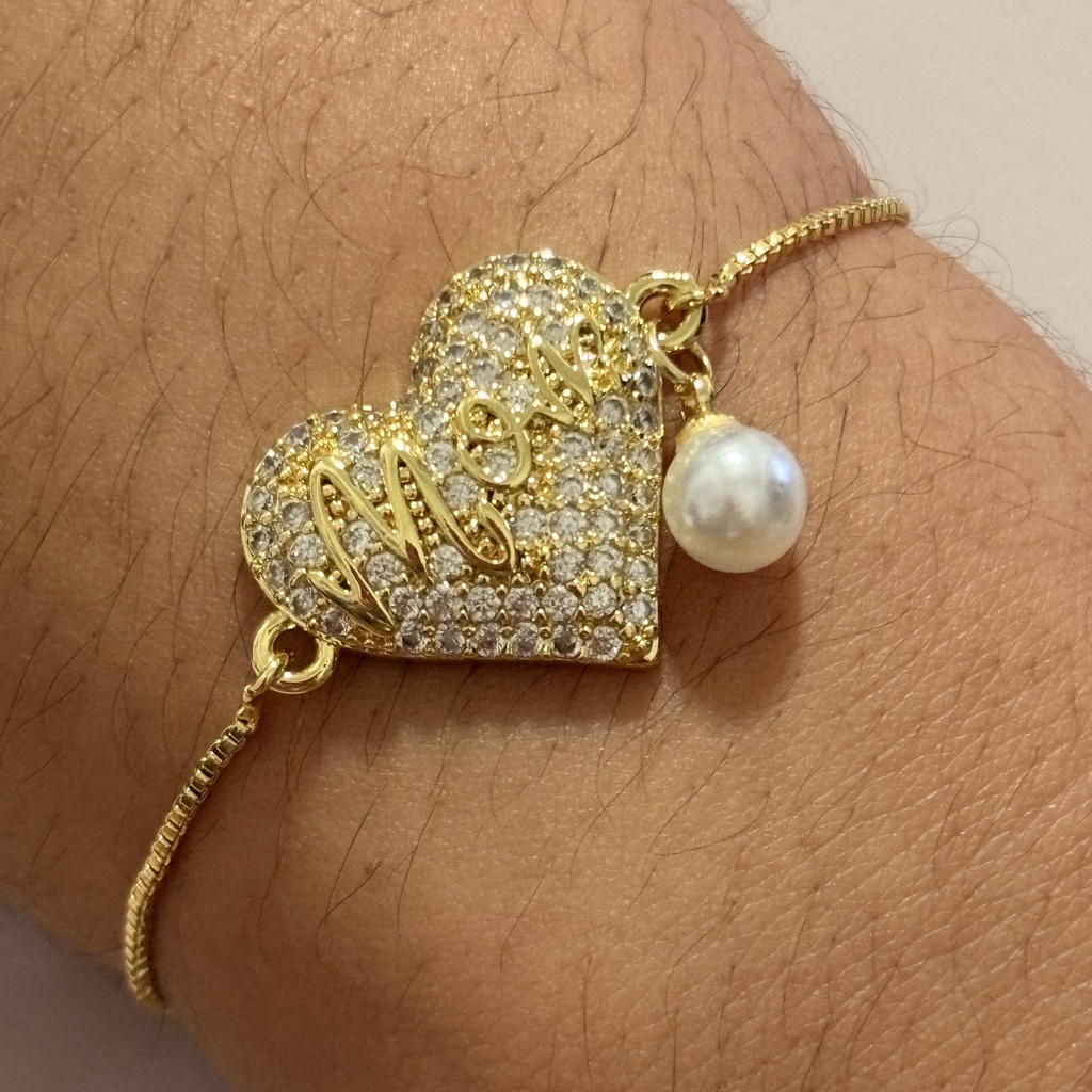PULSERA DOR AJUSTABLE CORAZON ZIRC. ¨MOM¨ PERLA G1415-334